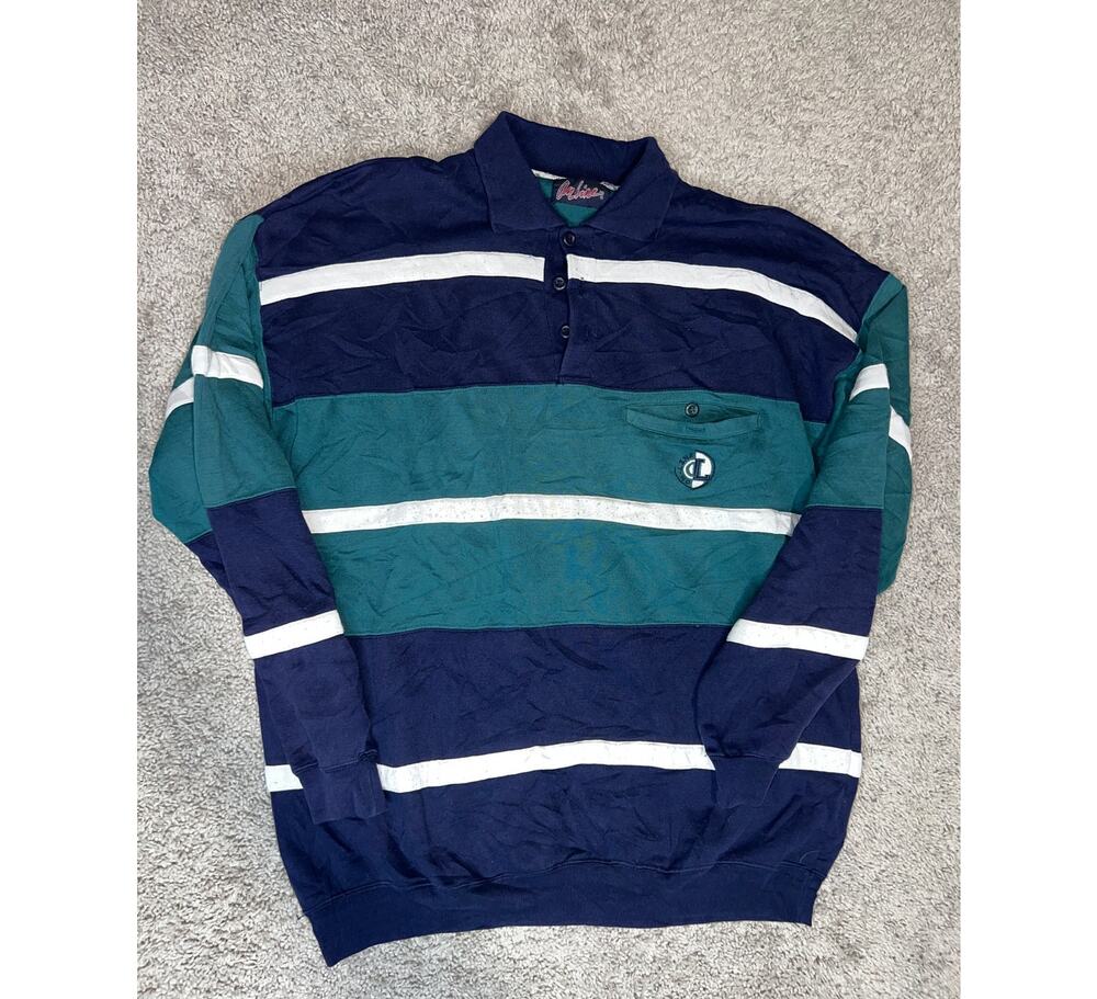 On Line Vintage 90s Collared Long Sleeve Men's Sweater Shirt Navy Green L